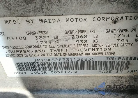 2008 Mazda Mazda3 I Touring Value from USA, damaged, VIN JM1BK32F281132835